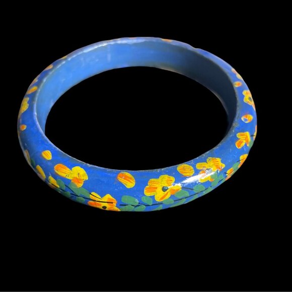 Handcrafted Wooden Floral Bangle Set Boho Chic Hand Painted Colorful Retro Artsy - Picture 5 of 8